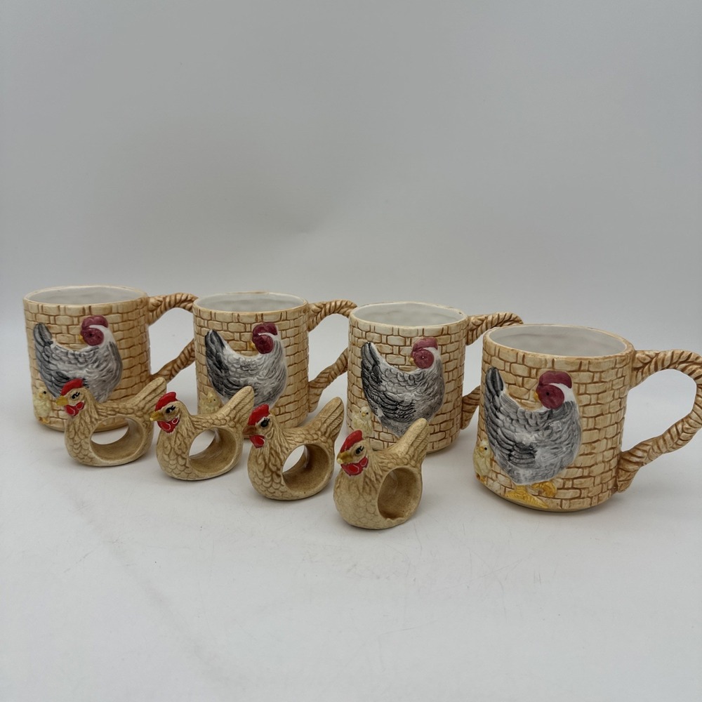 Vintage Wilton Court Hen Chicken Mugs & Napkins Rings  Set Of 4 EUC Cottage Core